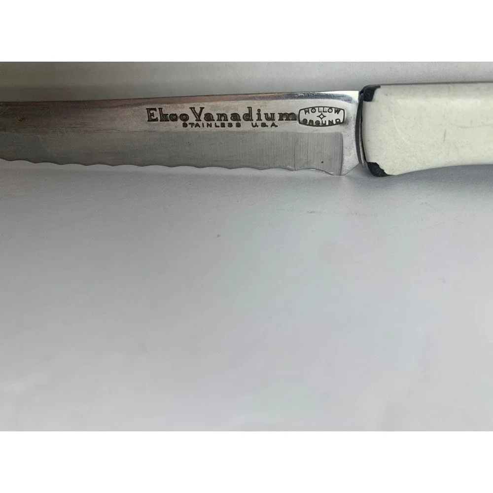 Vintage Ekco Vanadium Stainless USA Serrated‎ Steak Knife White Patterned Handle